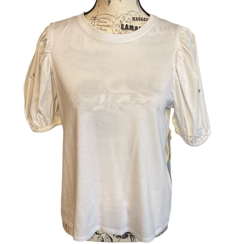 CeCe Embellished Tee Short Sleeve multi Media White Size S New